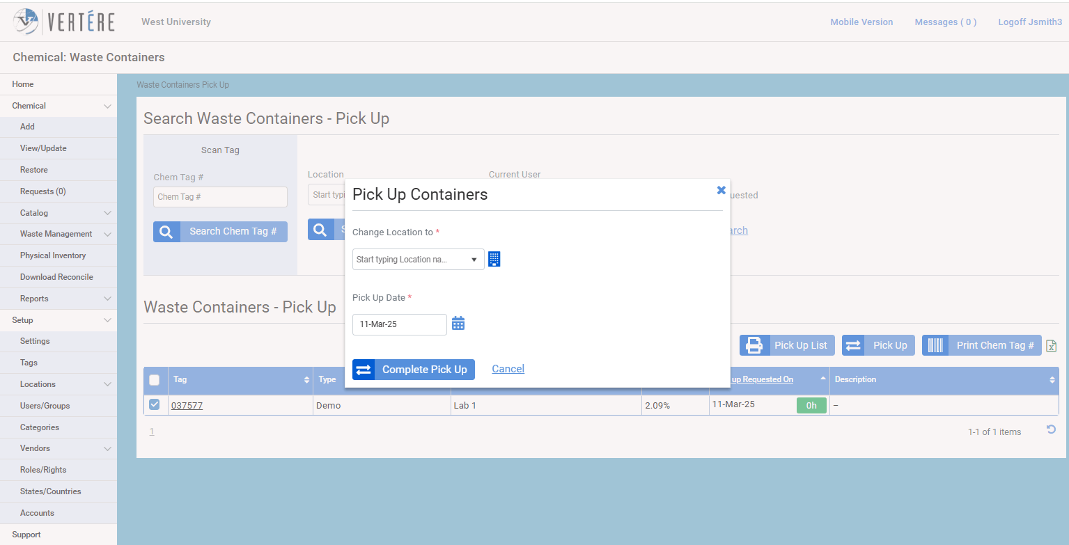 Chemical waste management software container pickup screen