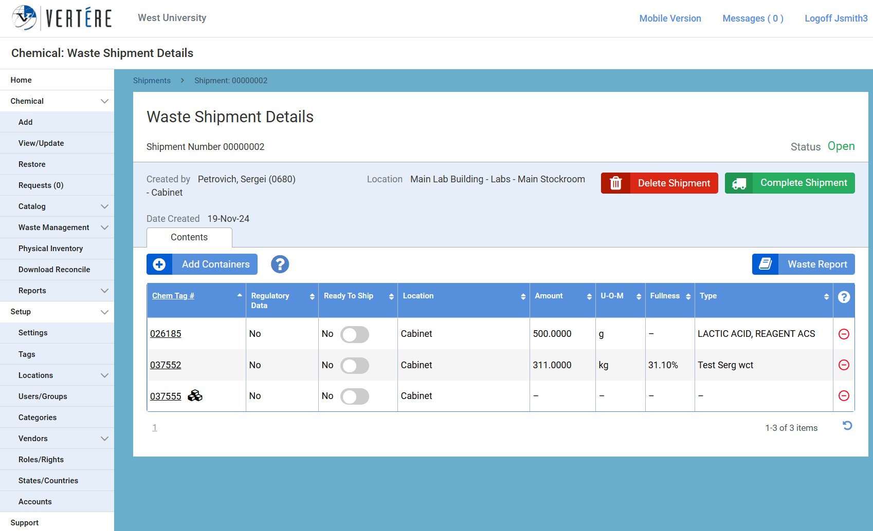 Chemical waste management software shipment details