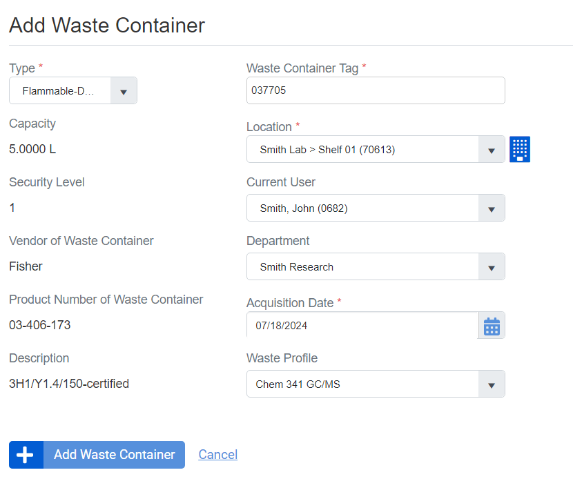Chemical waste management software add waste container
