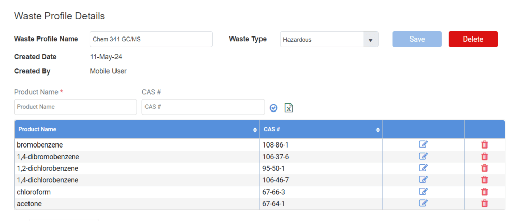 Chemical waste management software waste profile